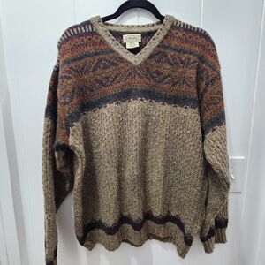 Mens Vintage Wool Sweater St.John’s Bay Tan, Burgundy Aztec Grandpa Medium